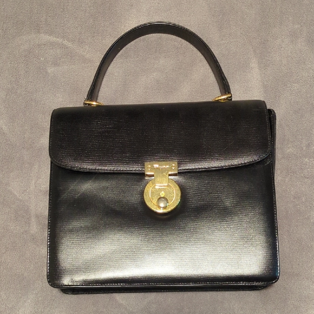 Black Leather Top-Handle Purse with Gold Closure